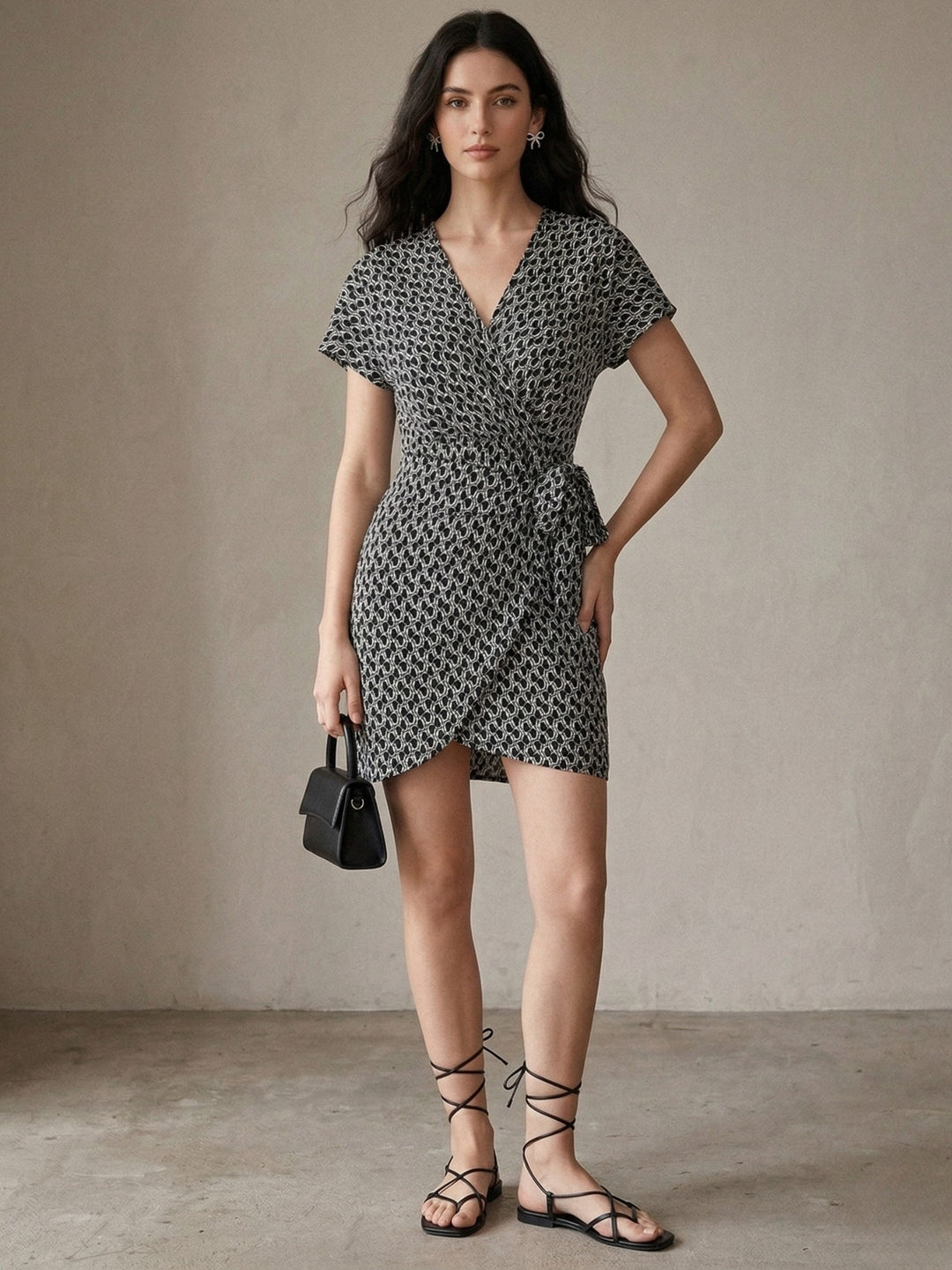 Black Waist Wrap Printed Dress