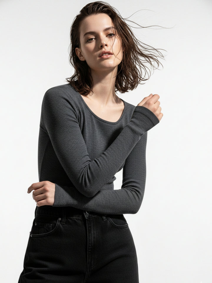 Black Full Sleeve Round Neck Fitted Top