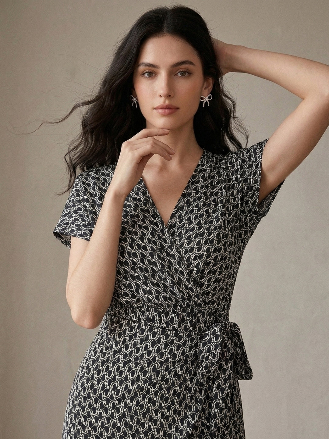 Black Waist Wrap Printed Dress