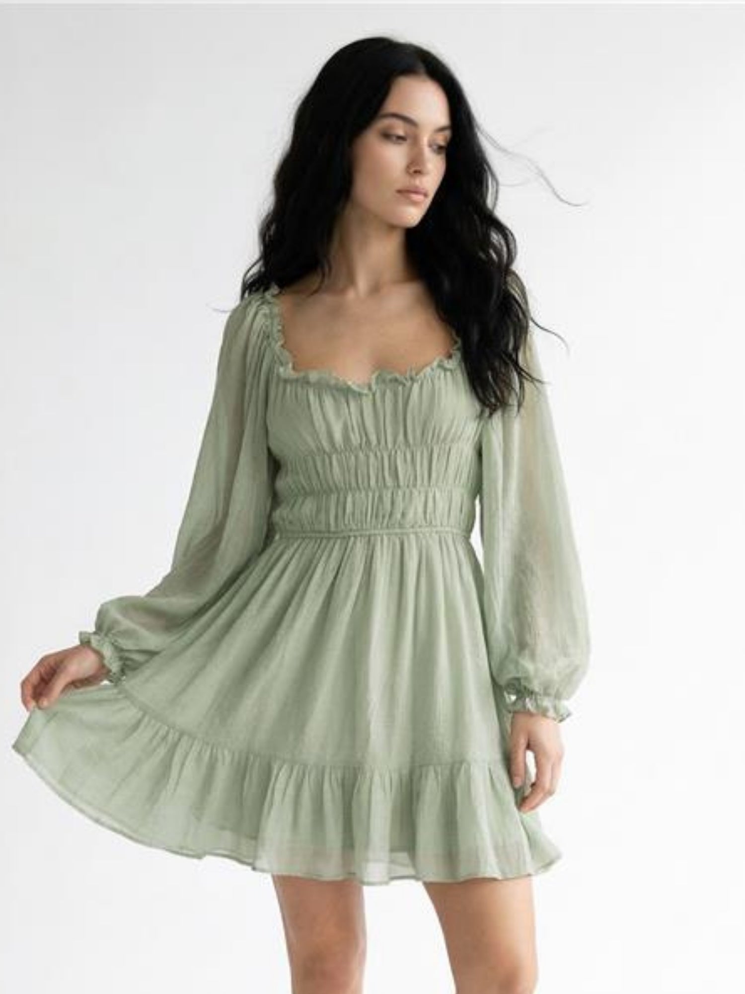 Green Bishop Sleeve Ruffle Hem Dress