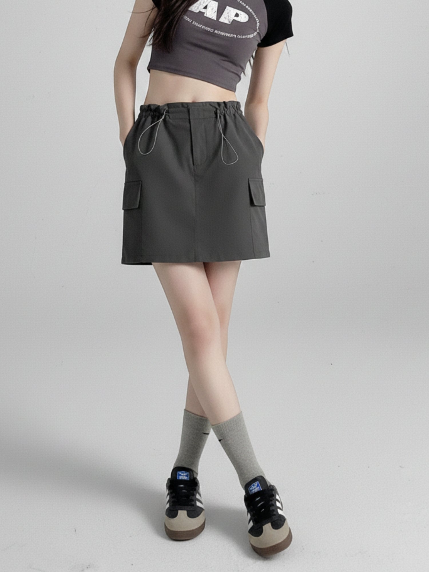 Charcoal Drawstring Cargo Skirt