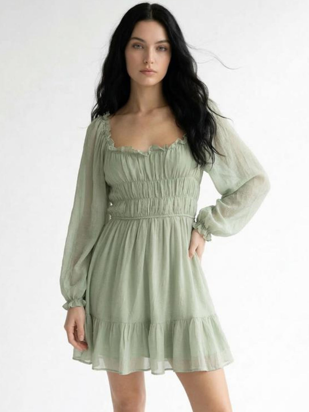Green Bishop Sleeve Ruffle Hem Dress