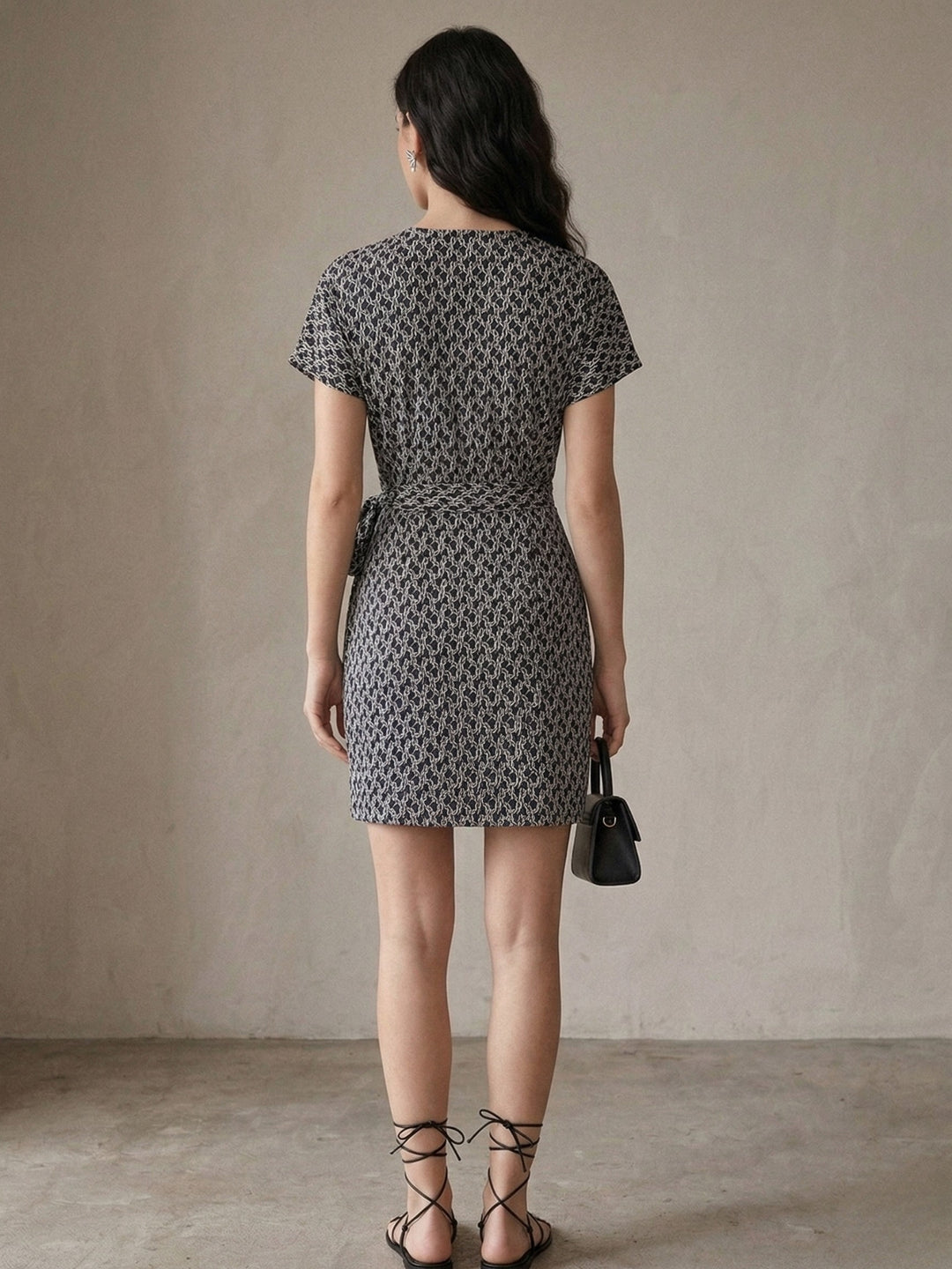 Black Waist Wrap Printed Dress