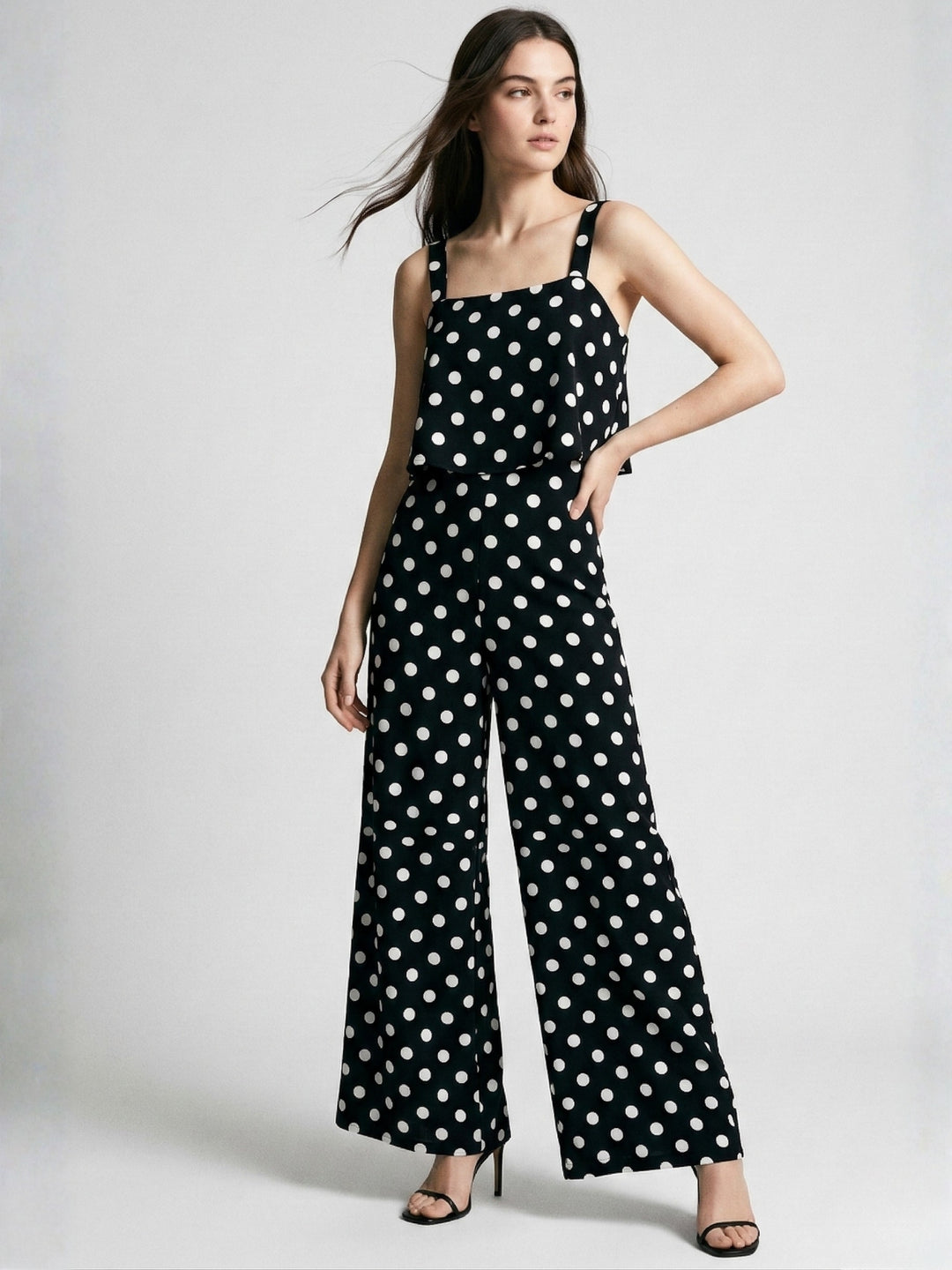 Black Shoulder Strap Polka Printed Jumpsuits