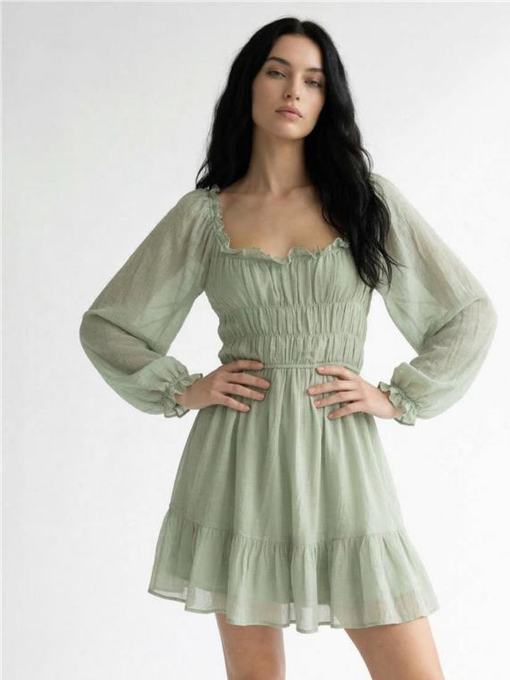Green Bishop Sleeve Ruffle Hem Dress