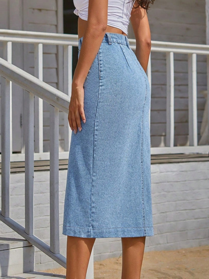 Blue Midi Denim Skirt With Slit