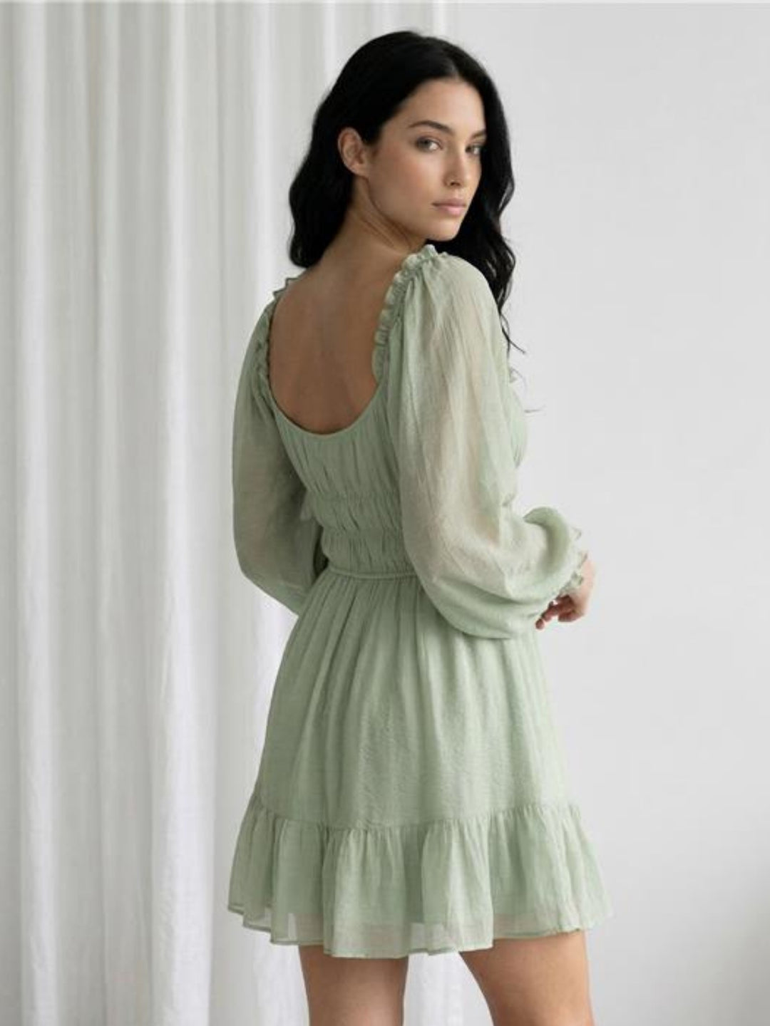 Green Bishop Sleeve Ruffle Hem Dress
