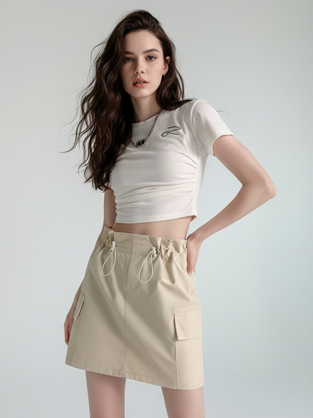 Beige Drawstring Cargo Skirt