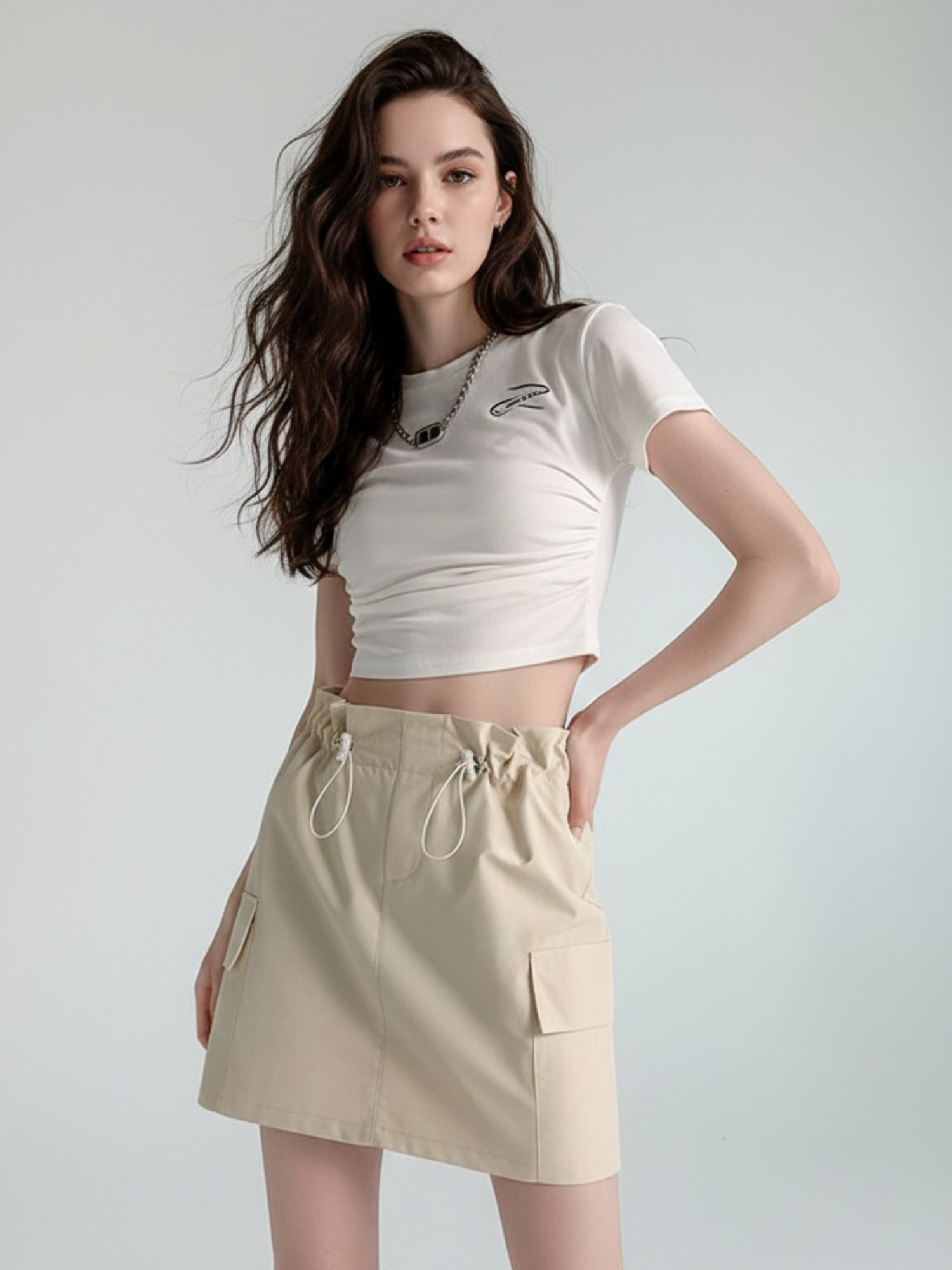 Beige Drawstring Cargo Skirt