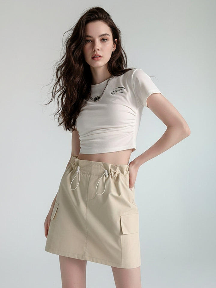 Beige Drawstring Cargo Skirt