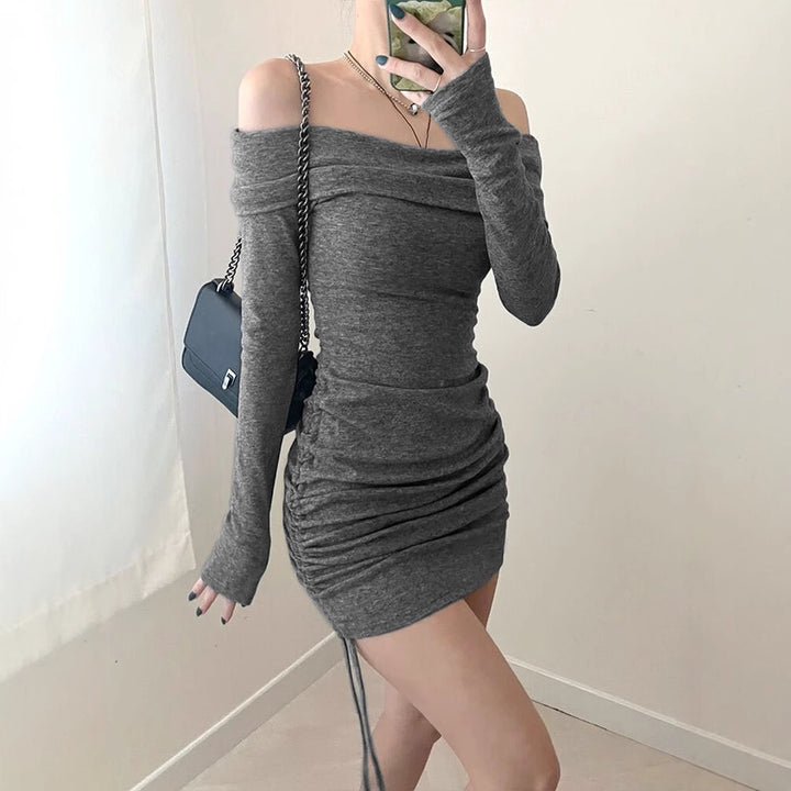 Grey Off-Shoulder Side Ruched Dress