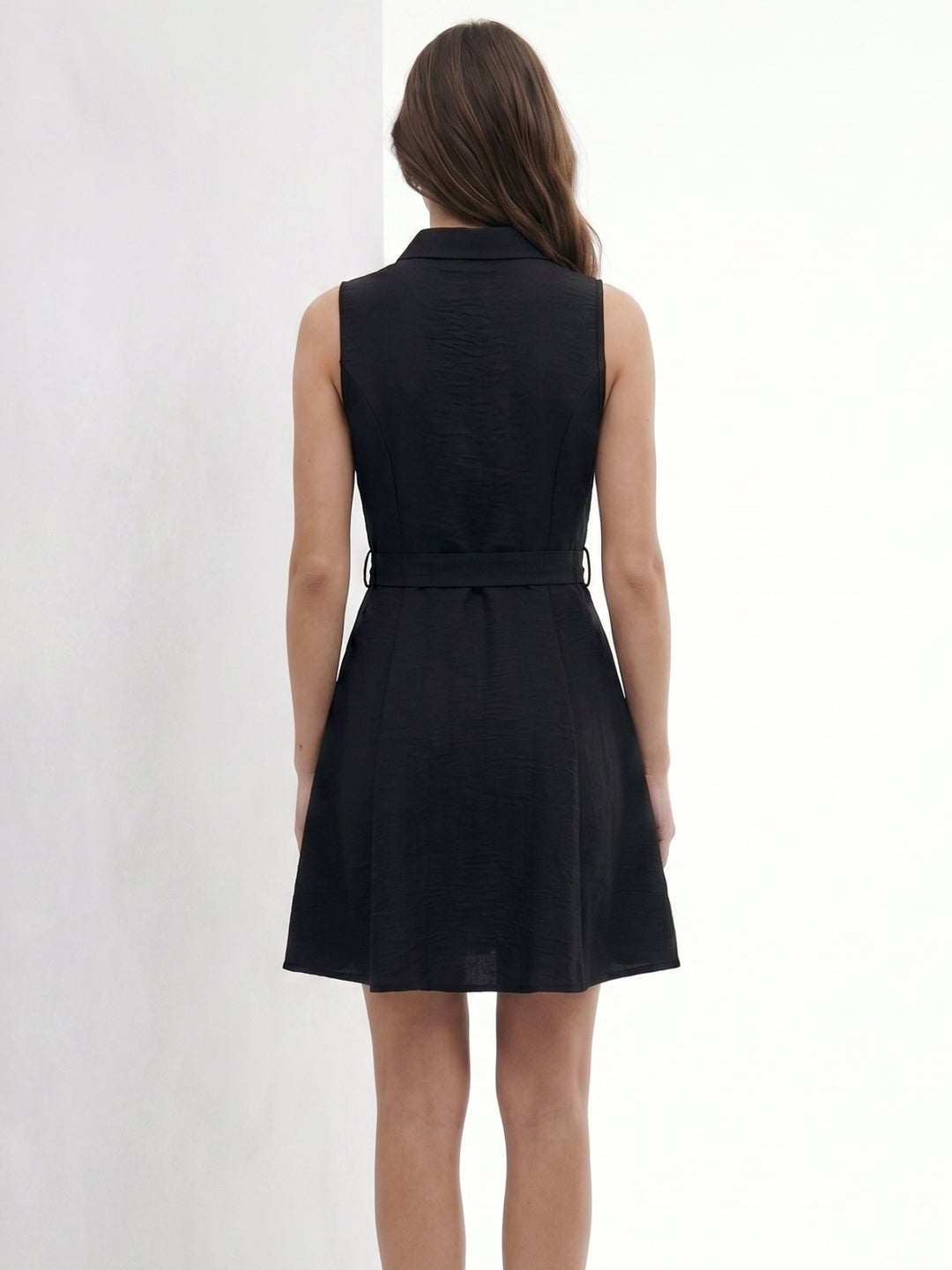 Black Waist Tie-Up Collared Dress