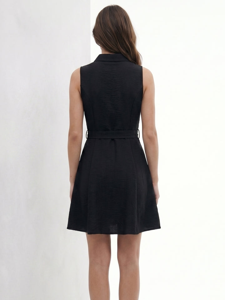 Black Waist Tie-Up Collared Dress