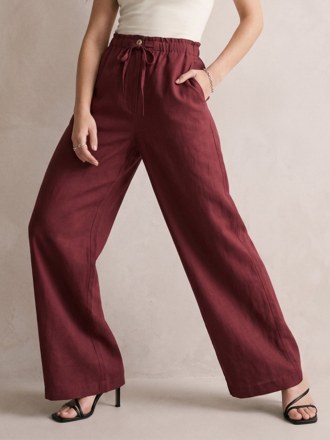 Wine Highwaist Paperbag Wide Leg Trouser With Drawstring Detail