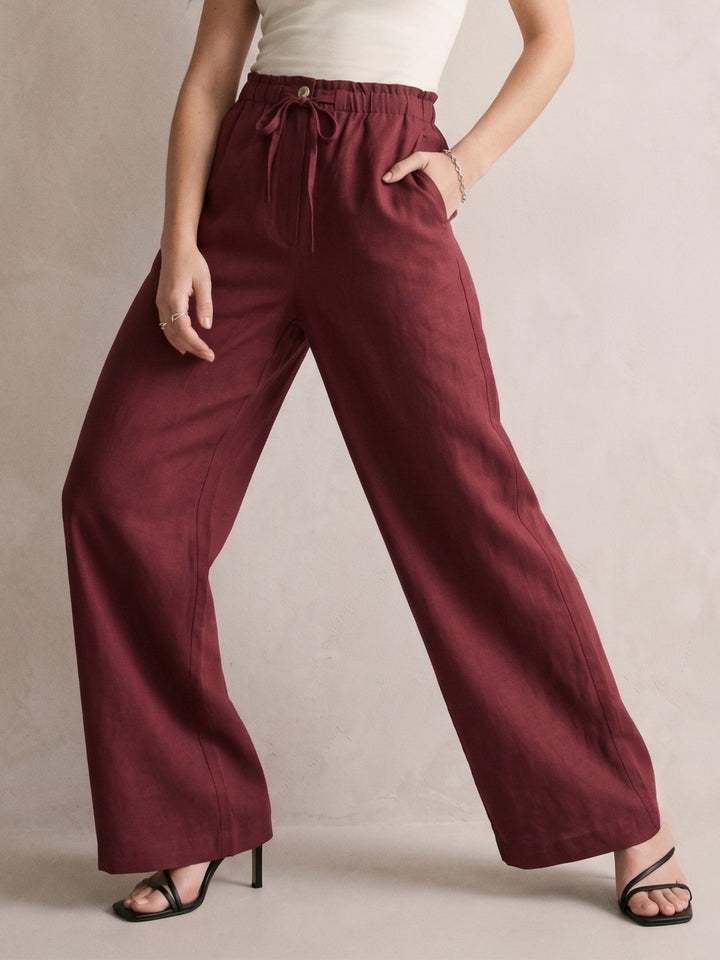 Wine Highwaist Paperbag Wide Leg Trouser With Drawstring Detail