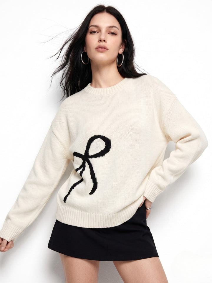 Cream High Neck Sweater With Bow Grpahic