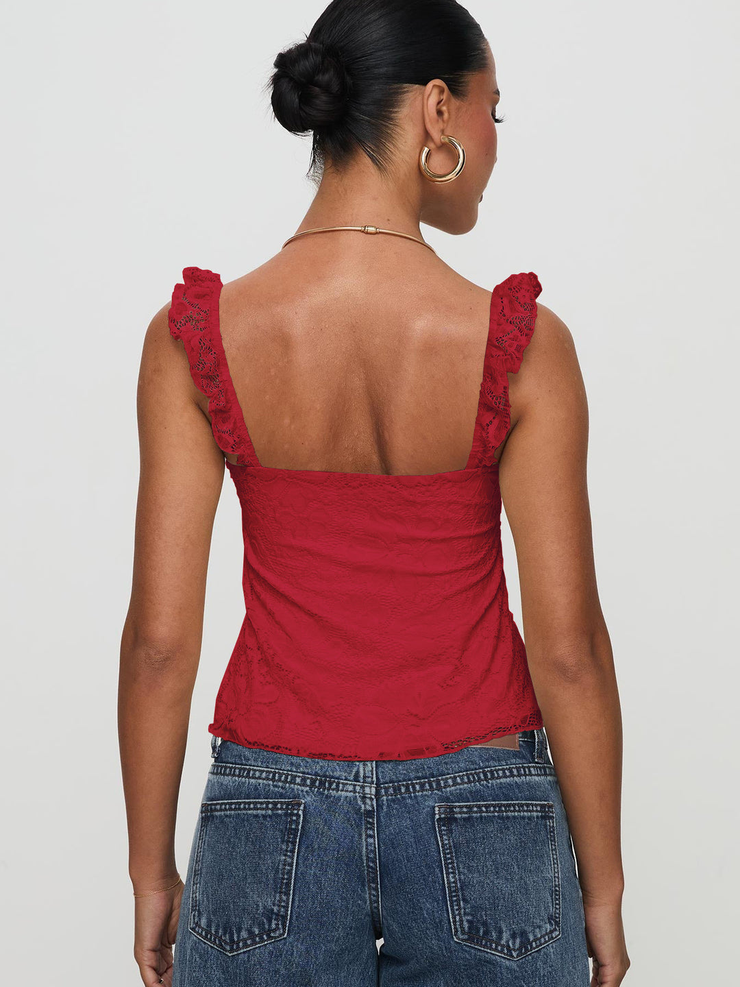 Red Ruffle Strap Textured Fitted Tank