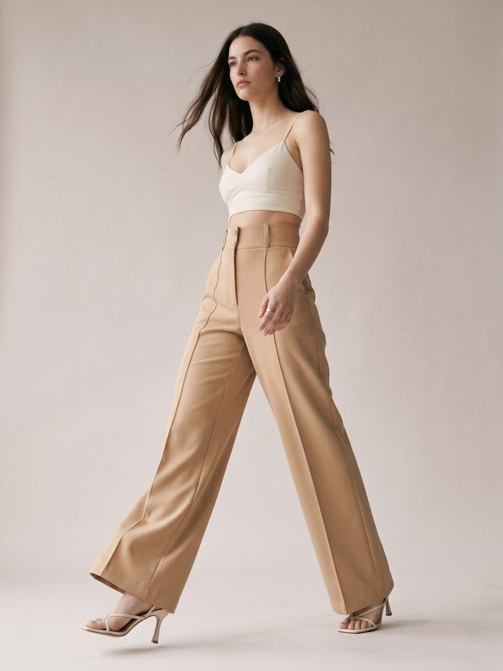 Beige High Waist Structured Trousers