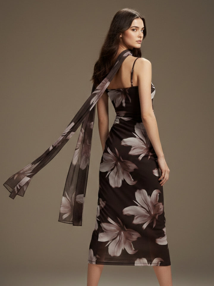 Brown Strappy Printed Mesh Dress With Scarf Detail