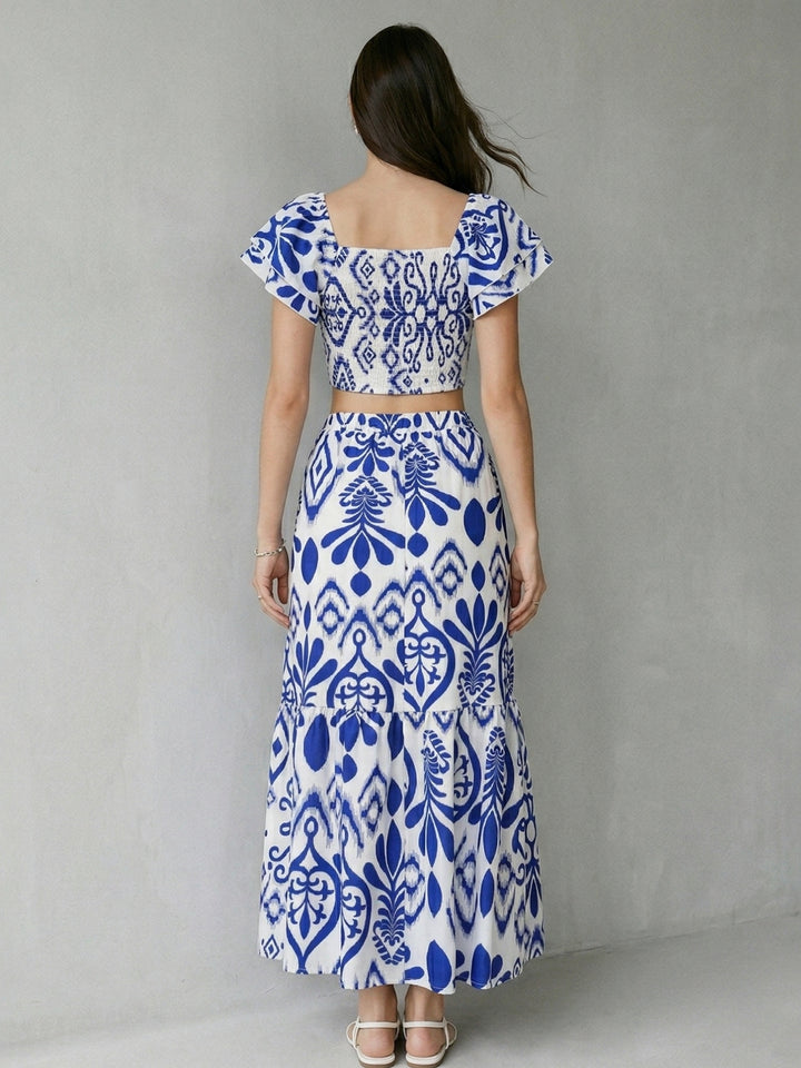 Blue Abstract Printed Top And Skirt Co-Ord Set