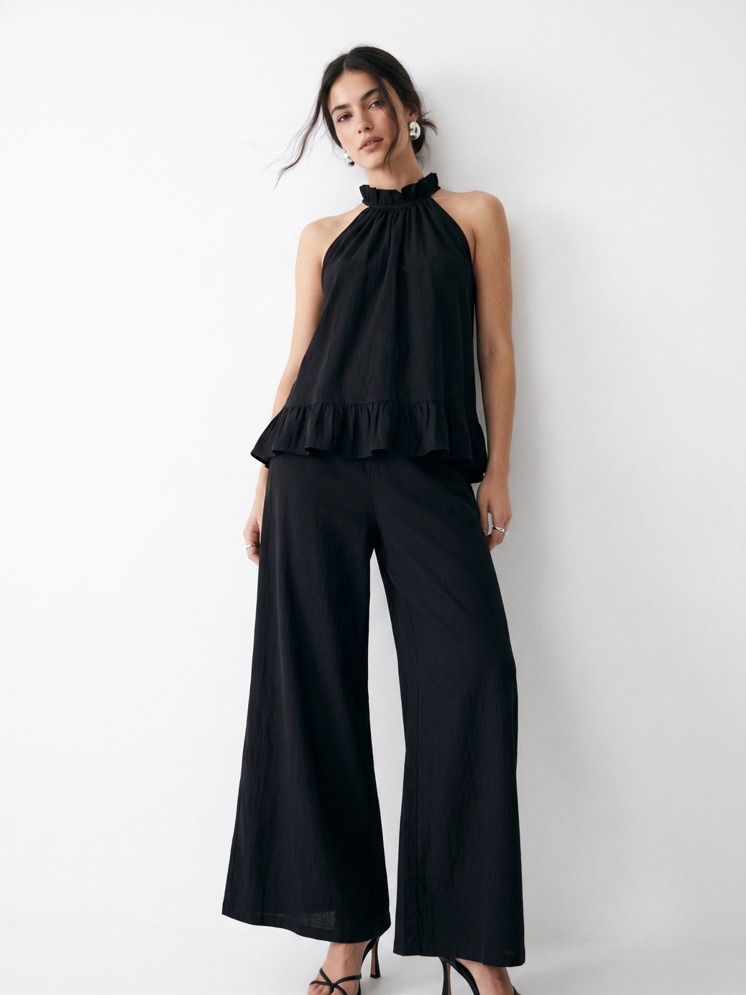 Black Halter Neck Ruffled Hem Top With Trousers