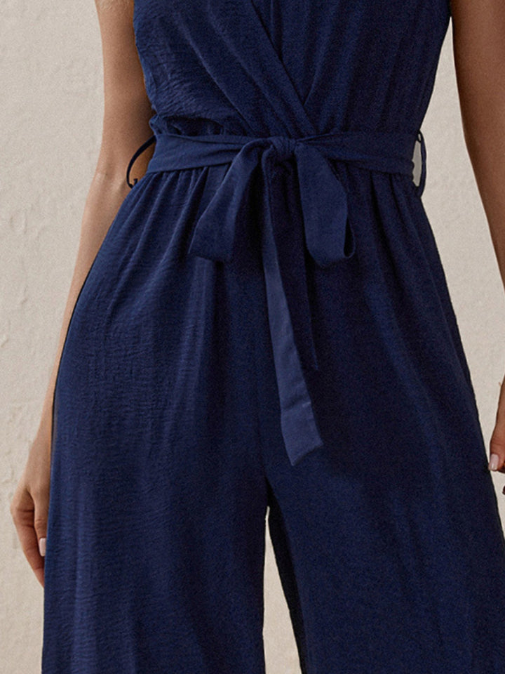 Blue Sleeveless Jumpsuit With Tie Up
