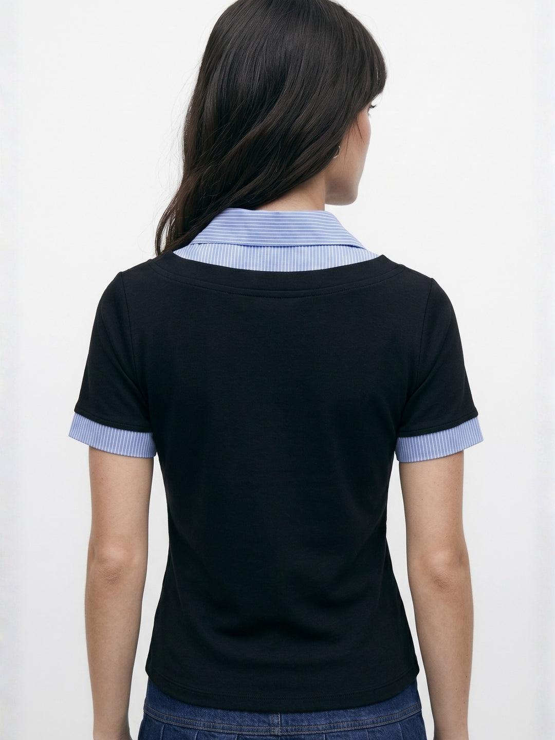 Blue Short Sleeve Contrast Collar Fitted Top