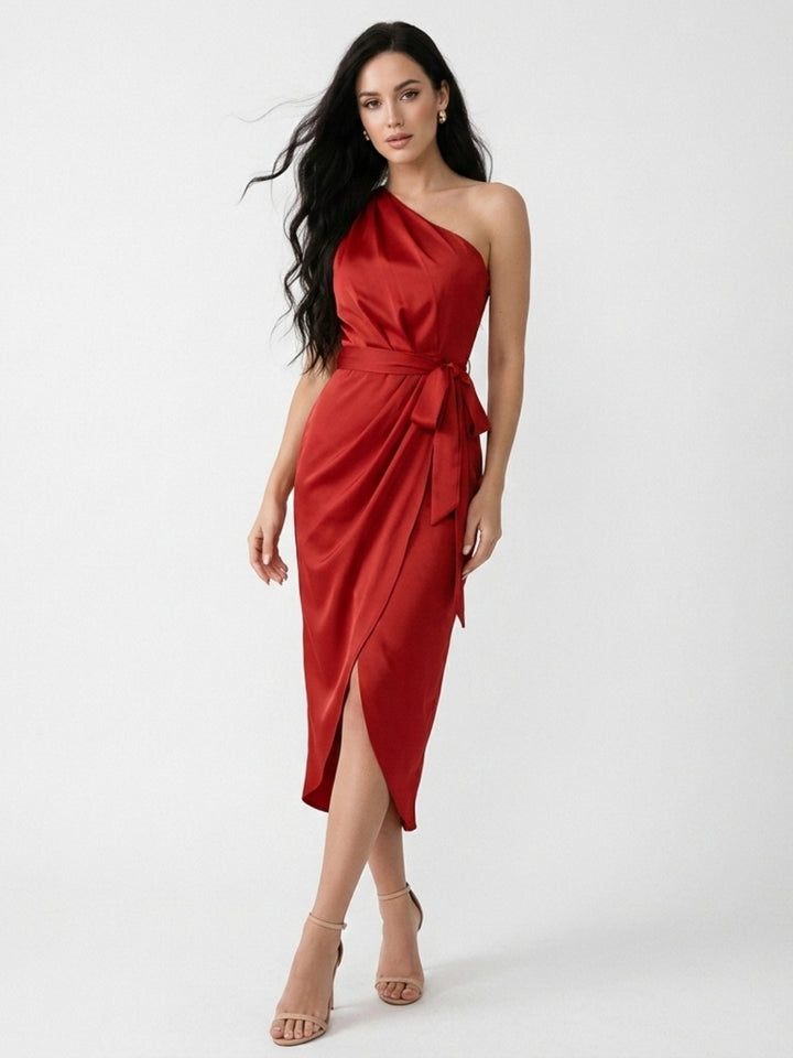 Red One Shoulder Wrap Midi Dress