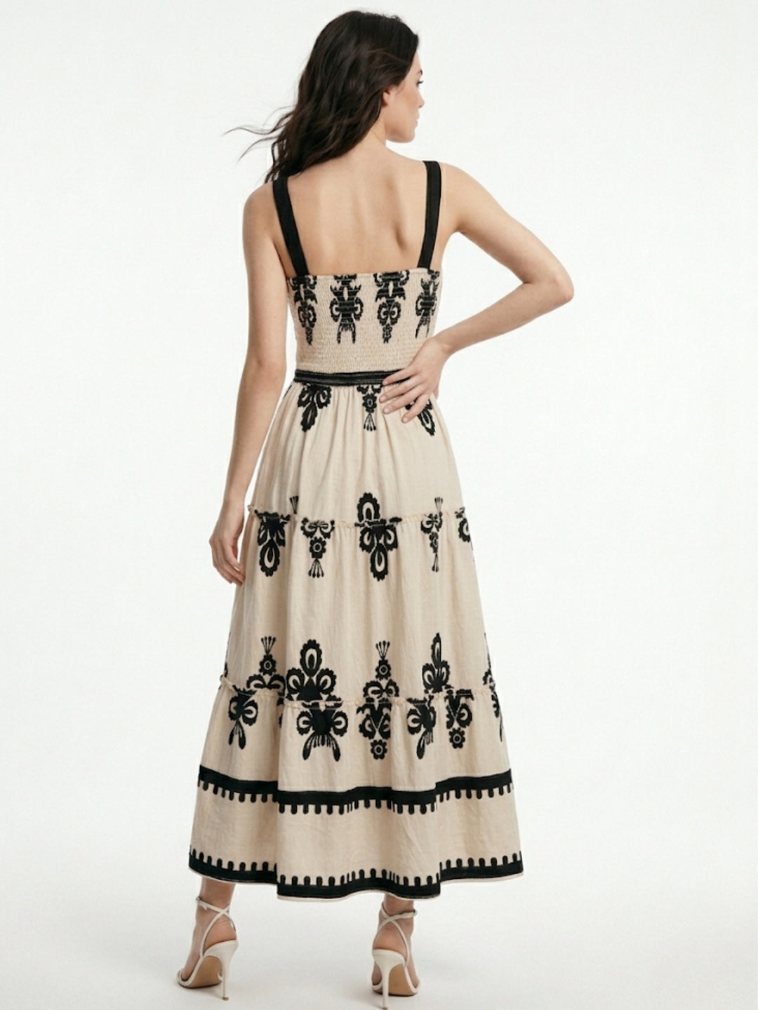 Cream Shoulder Strap Printed Dress