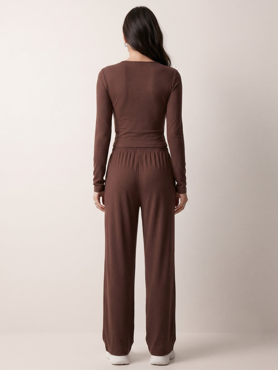 Brown Solid Full Sleeved Top And Trousers Co-Ord Set