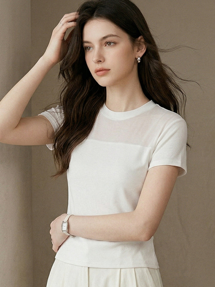 Off White Short Sleeve Mesh Top