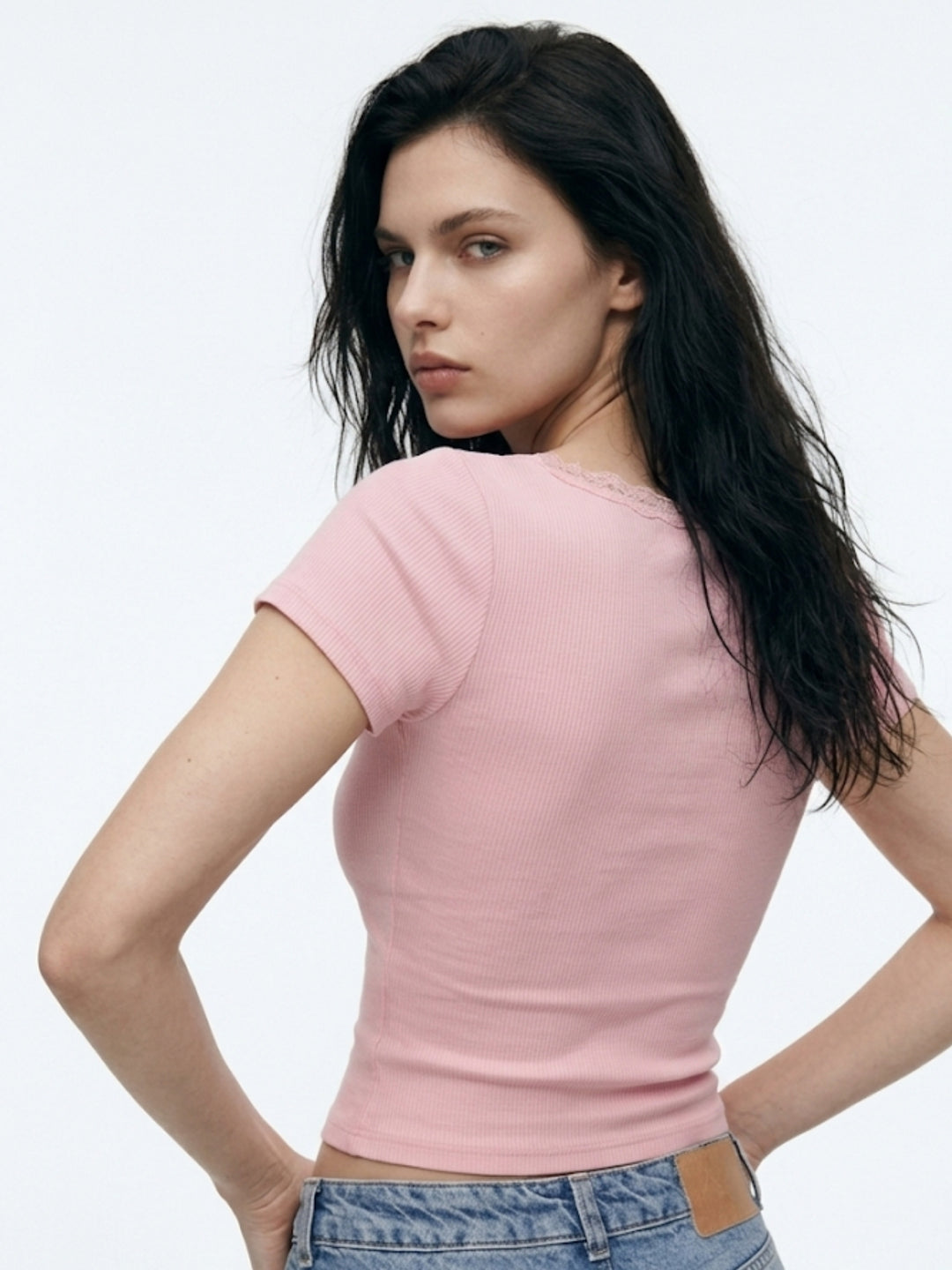 Pink Semi Button Down Square Neck Top With Lace Inserts