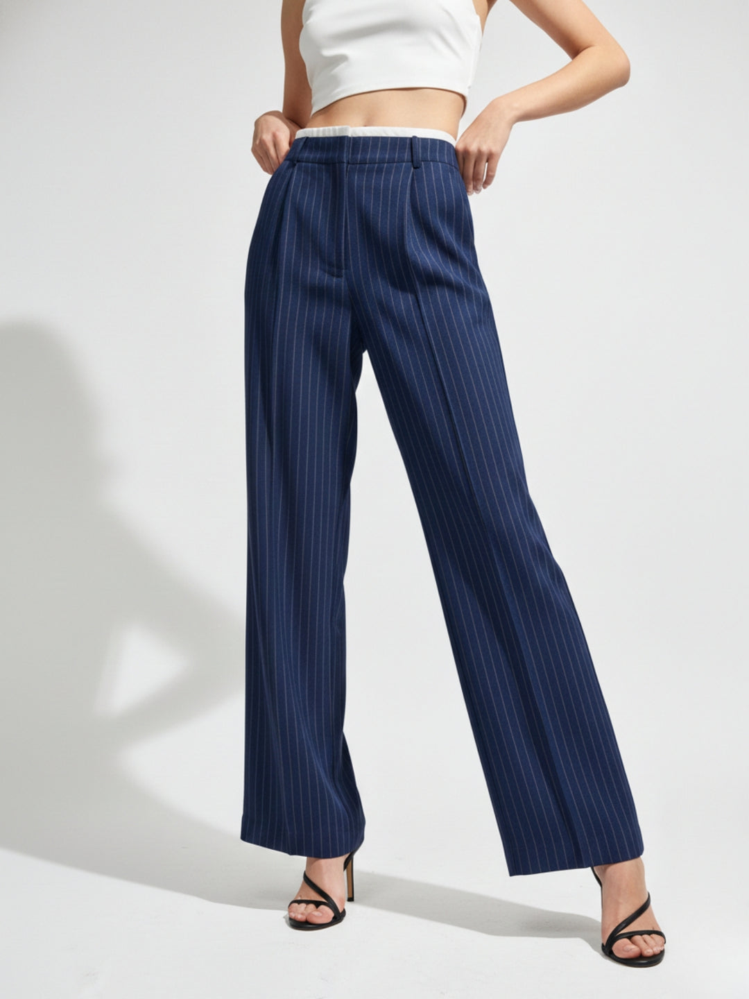 Navy Blue Contrast Waist Striped Wide Leg Pant