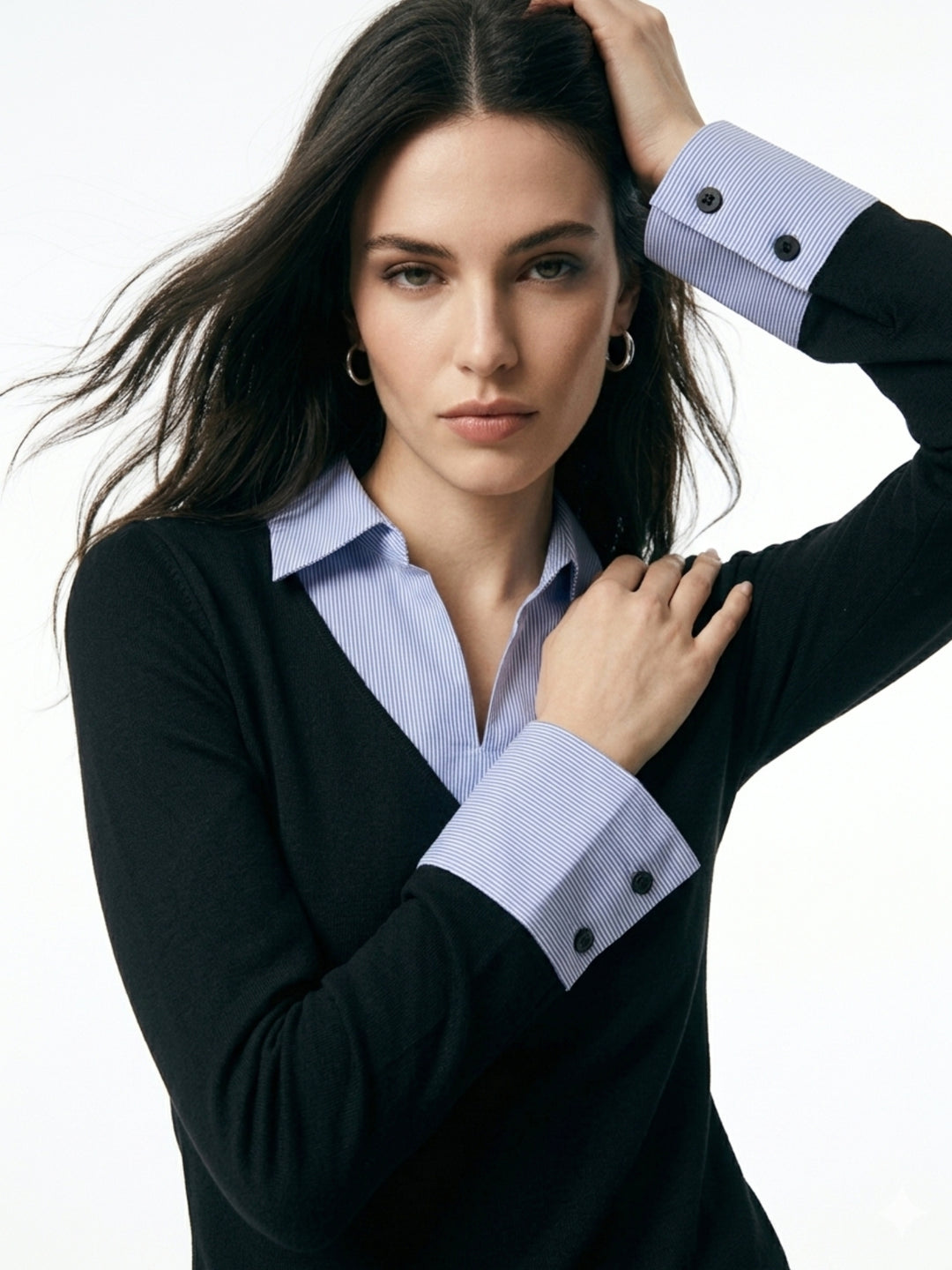 Black Full Sleeve Contrast Collar Fitted Top