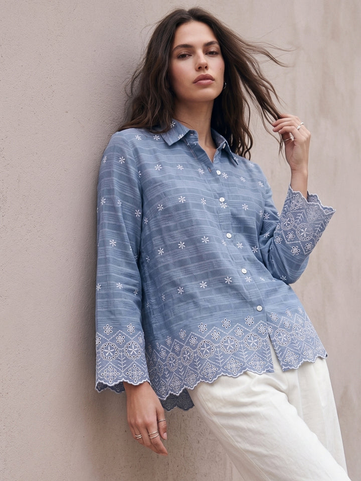Blue Cotton Schiffli Embroidered Scalloped Shirt