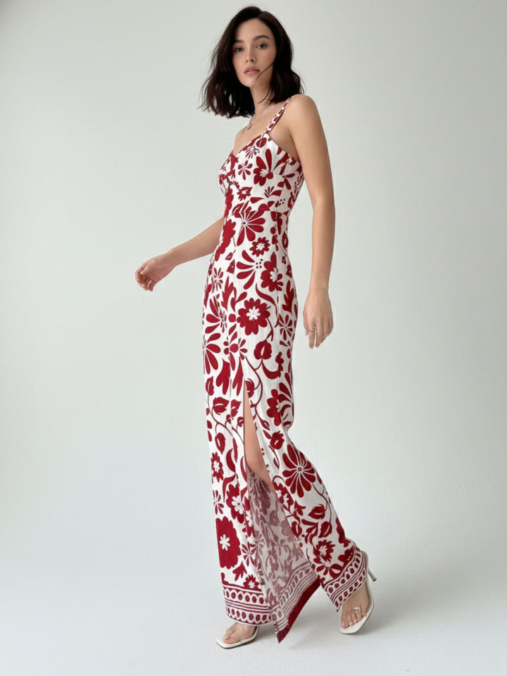 Red Shoulder Strap Side Slit Jumpsuit