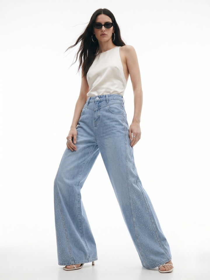 Blue Flared Sequined Denims
