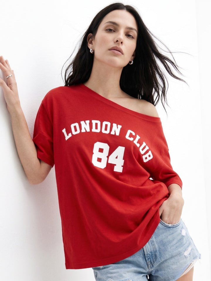 Red Off-Shoulder Varsity Graphic T-Shirt