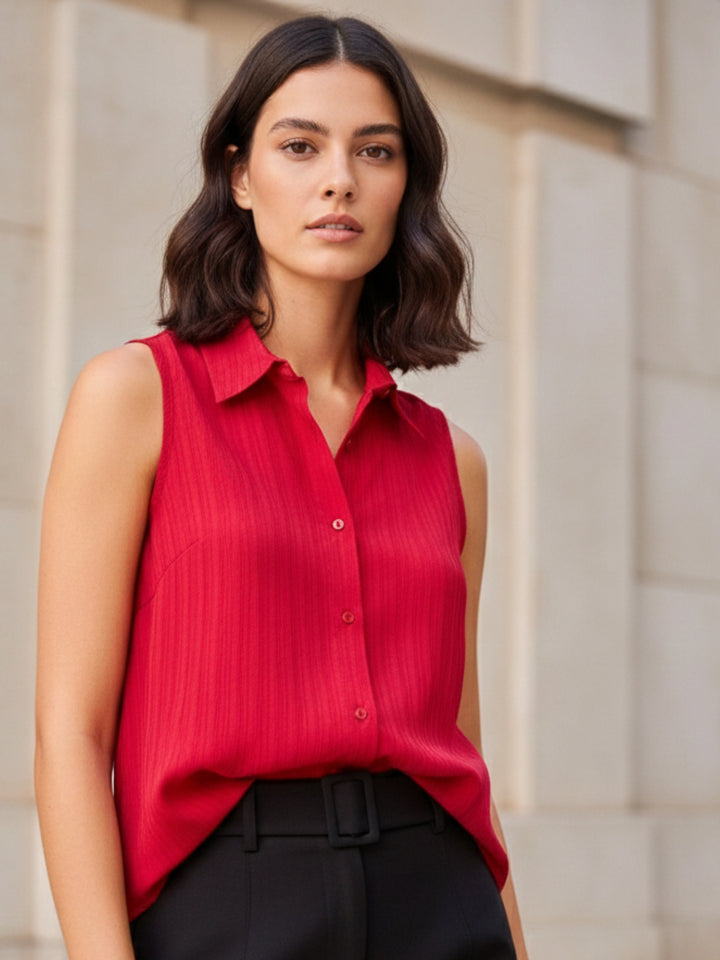Red Sleeveless Front Buttoned Shirt