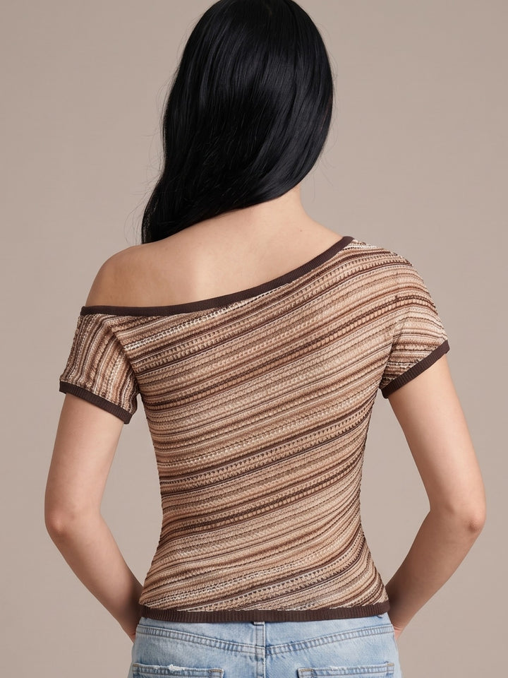 Beige Striped One Shoulder Top