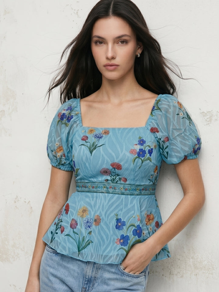 Blue Puff Sleeve Flared Top