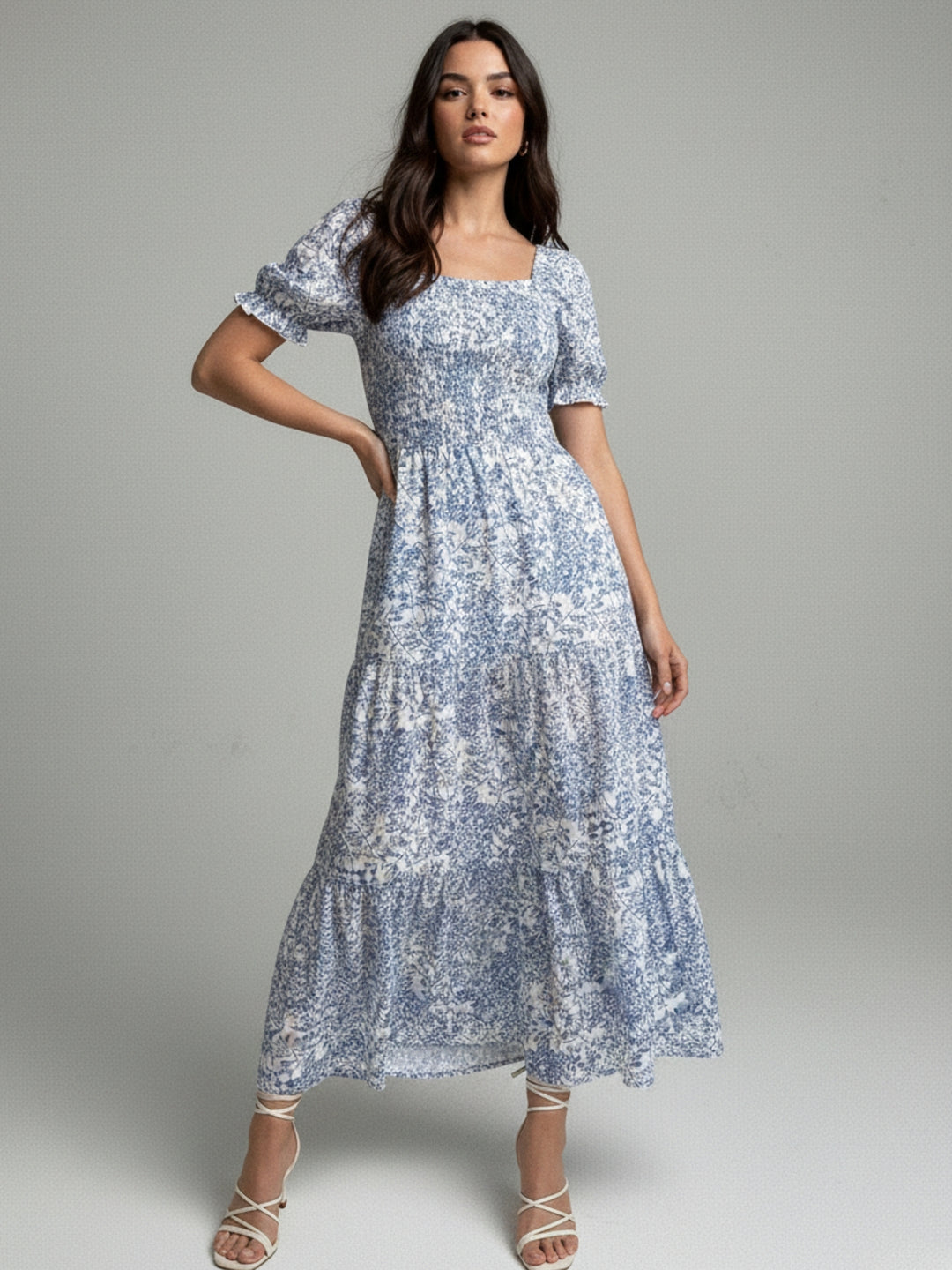 Blue Printed Round Neck Dress