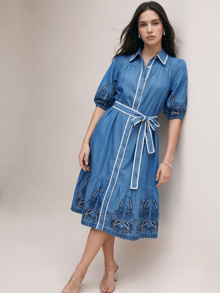 Blue Puff Sleeve Blue Flare Dress