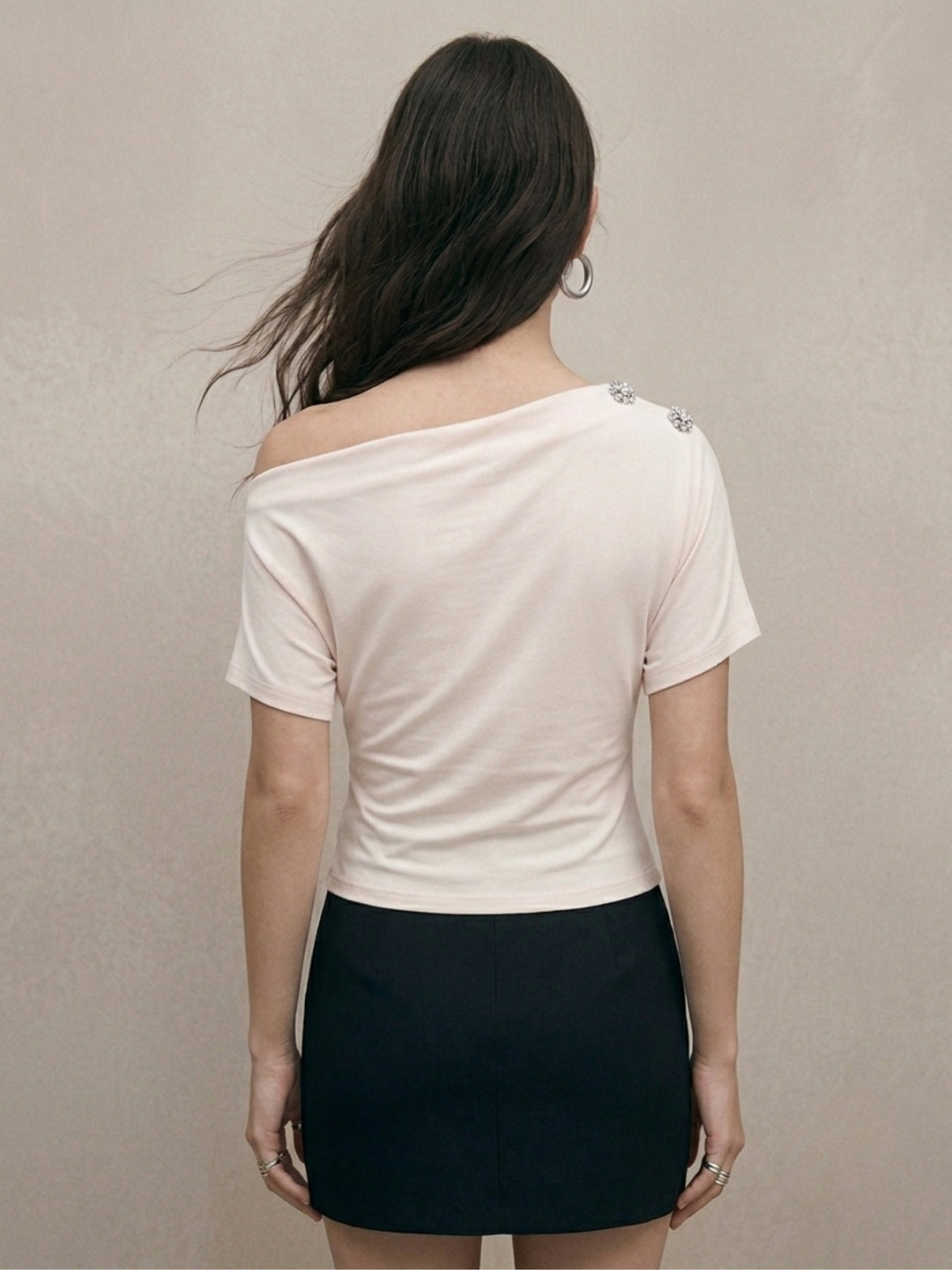 Cream One Shoulder Top With Button Detail At The Sleeve