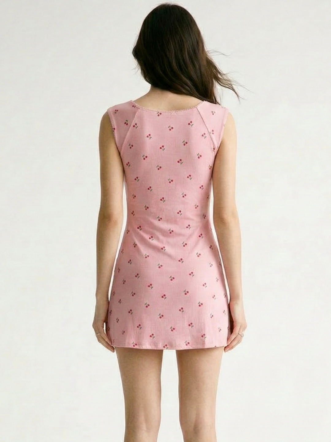 Pink Scoop Neck Cinched Waist Printed Dress