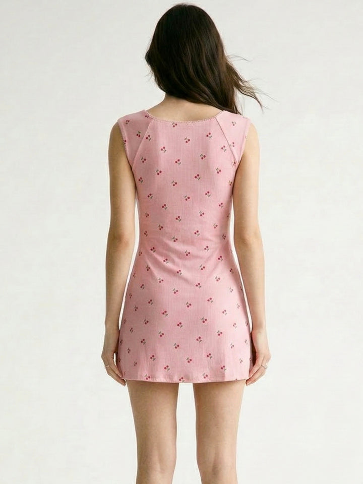 Pink Scoop Neck Cinched Waist Printed Dress