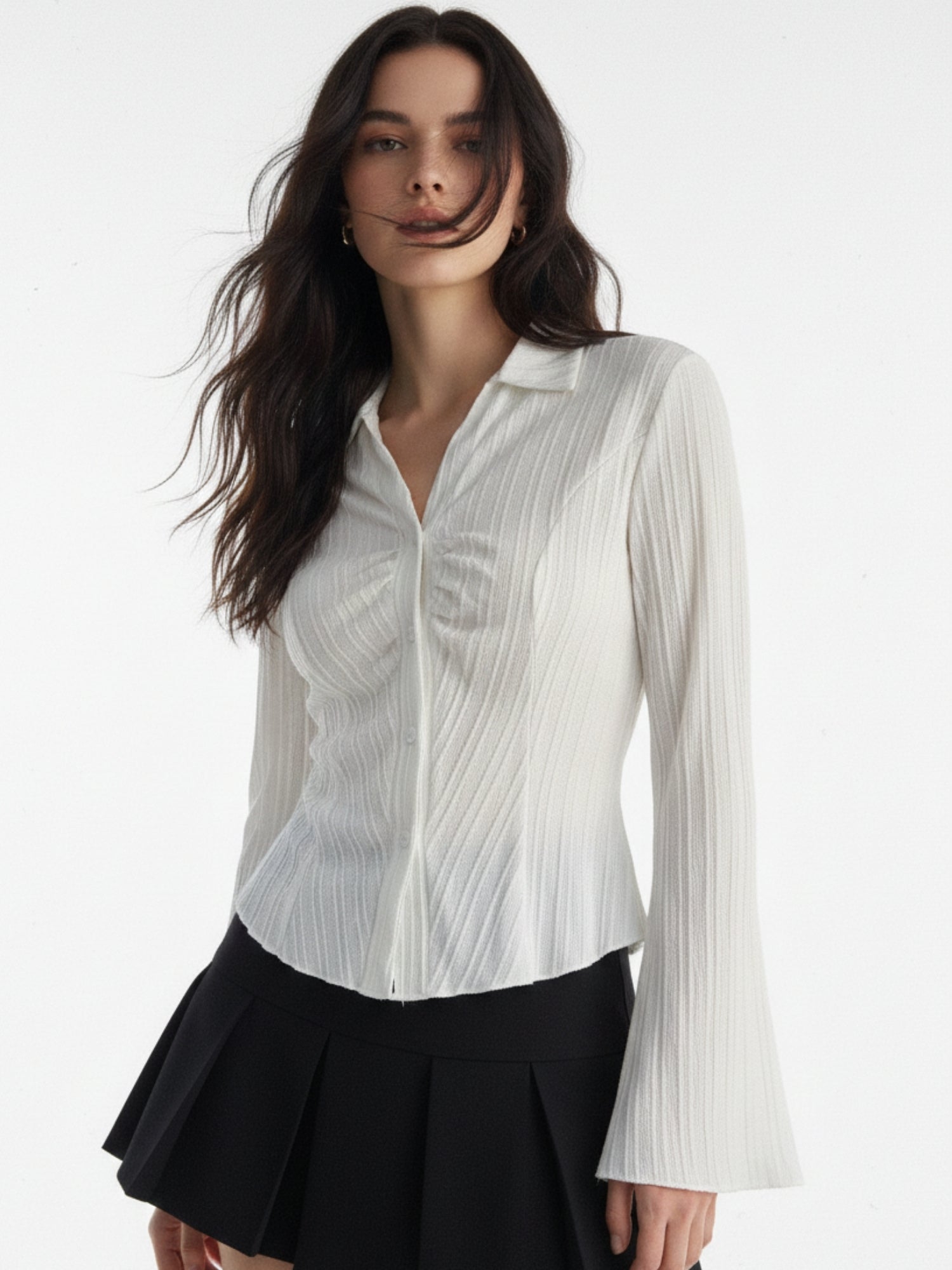 White Textured Button Down Cinched Waist Shirt