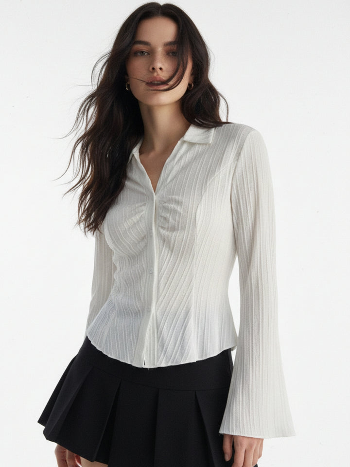 White Textured Button Down Cinched Waist Shirt