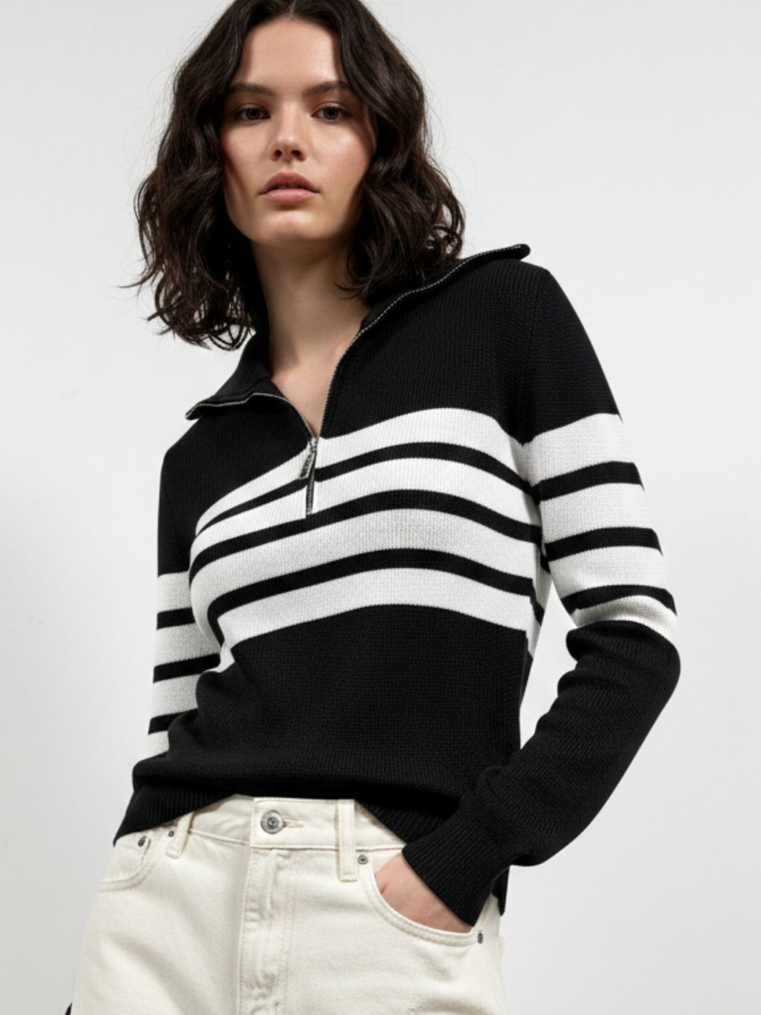Black Full Sleeve Turtle Neck Half Zip Sweater