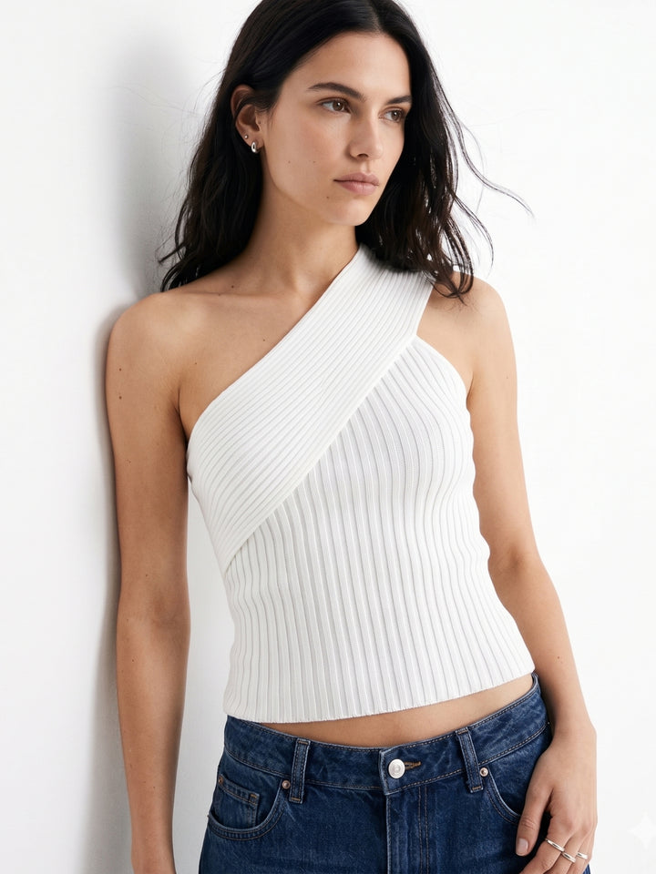 White One Shoulder Textured Knit Top